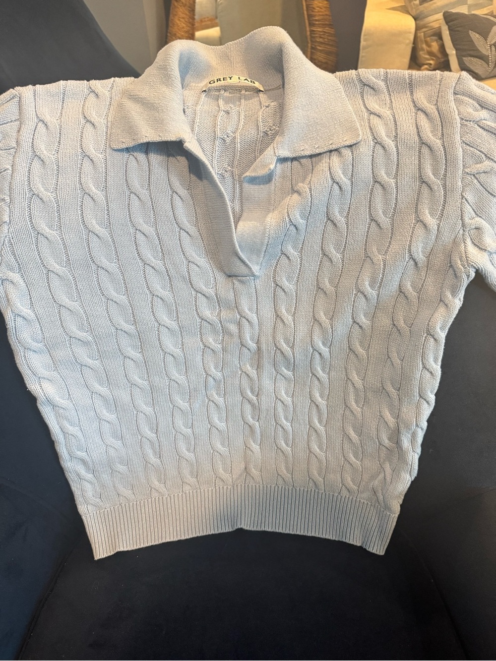 GREY LAB Light Blue Cable-Knit V-Neck Polo Sweater